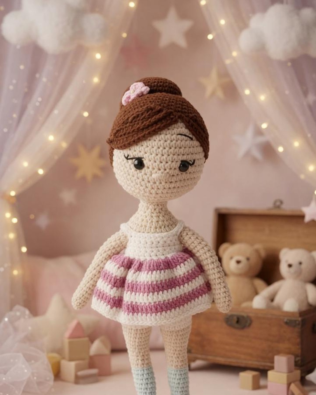 Handmade crochet brunette doll in pink and white tutu skirt