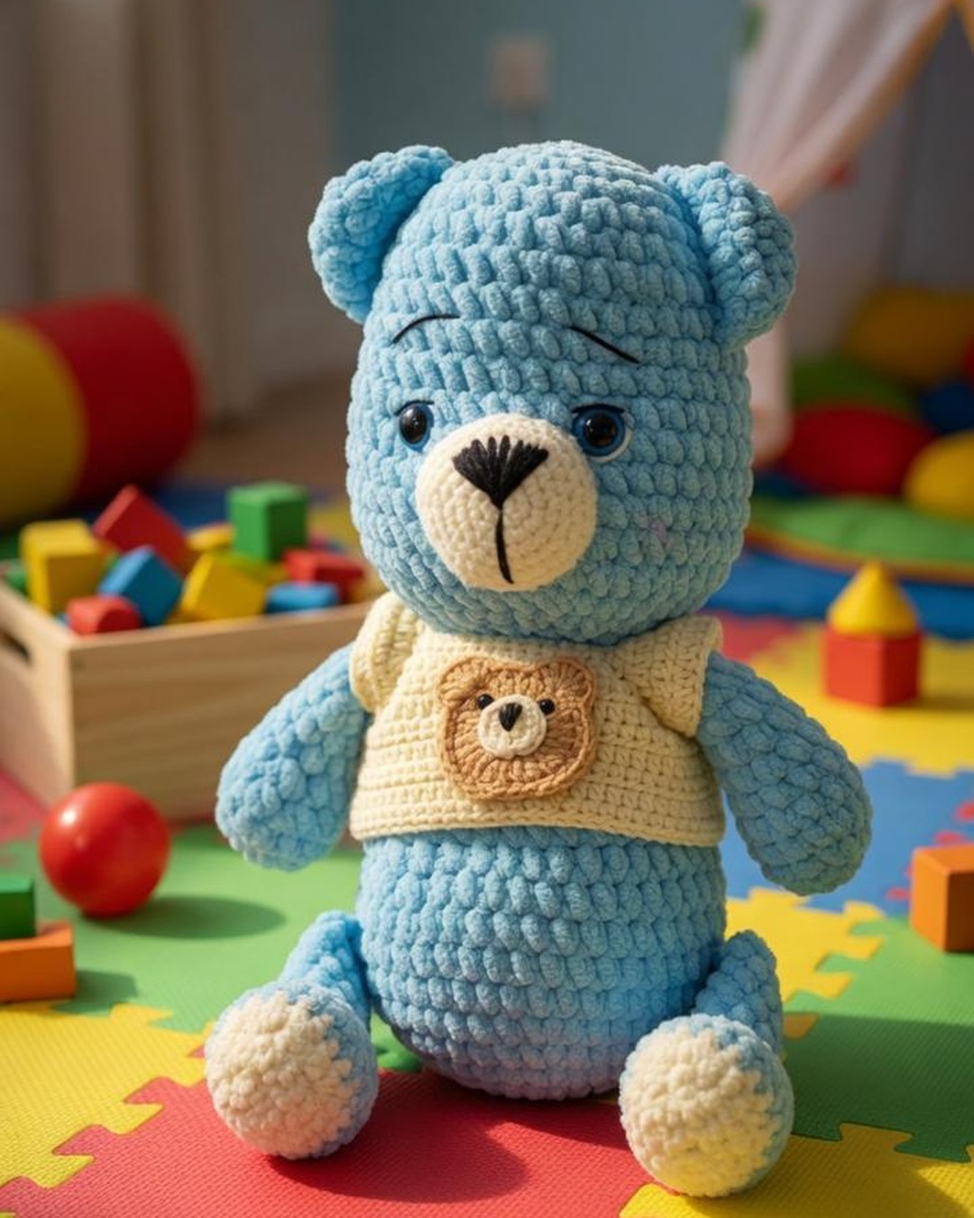 Handmade blue crochet Benny the Cuddle Bear soft toy
