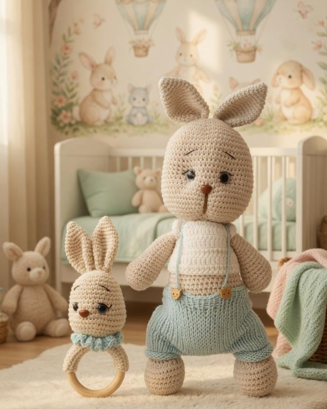 Handmade crochet blue bunny and matching wooden teether set