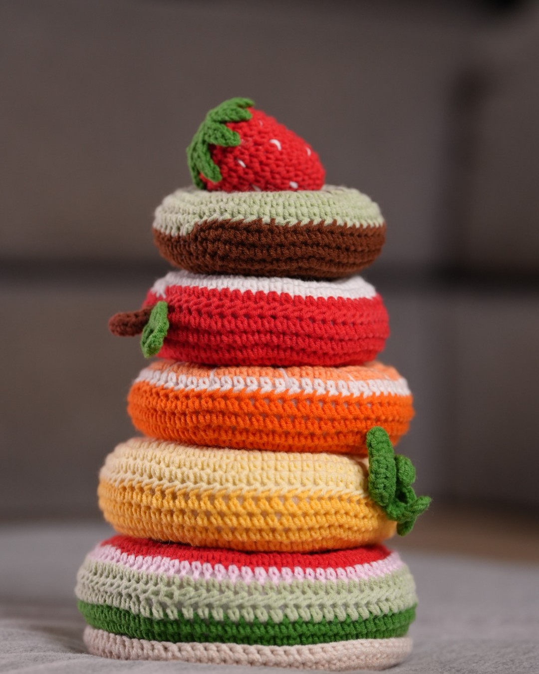 Handmade crochet fruity stacking tower