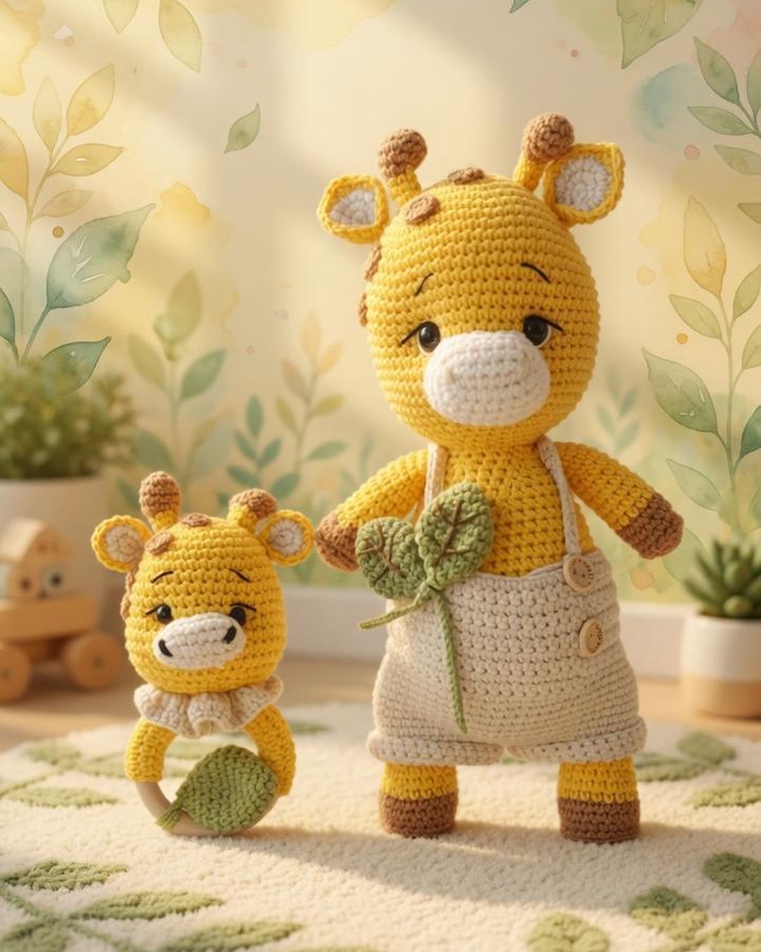 Handmade crochet Gigi giraffe doll and matching wooden teether