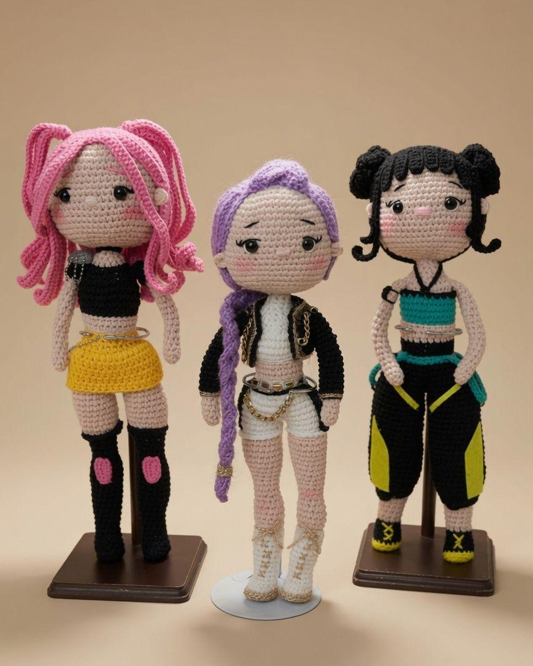 Handmade crochet K-Pop Girls Trio dolls on stands