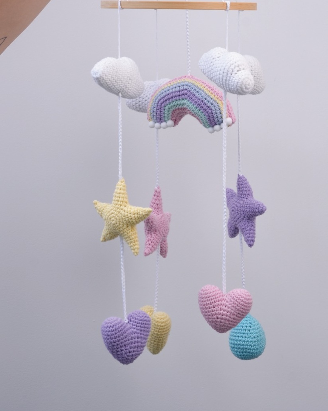 Love in the Air crochet crib mobile with rainbow, clouds, stars and hearts — full view