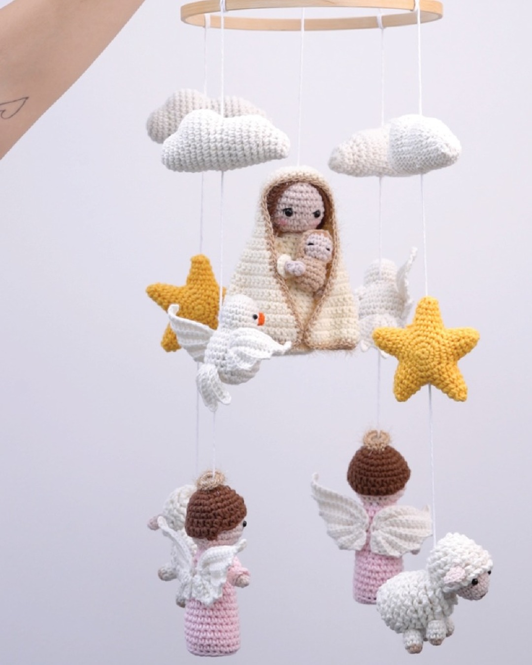Little Blessings Mary crib mobile — full view with Mary, angels, doves and sheep