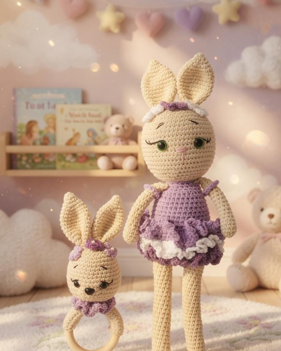 Handmade crochet mauve doe rabbit doll and matching teether