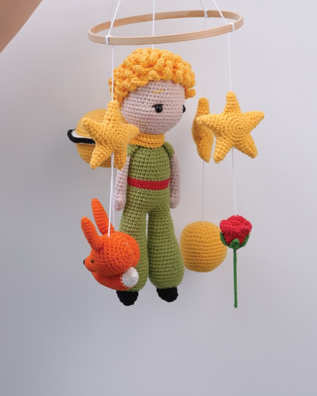 Handmade Le Petit Prince crochet crib mobile — full view