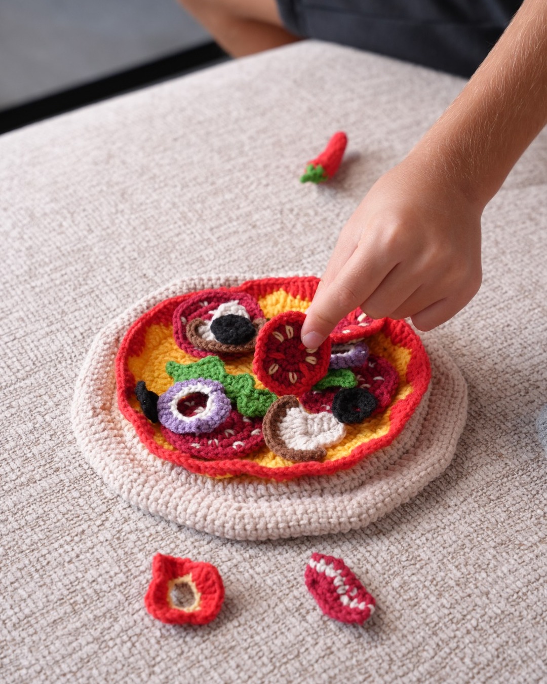 Handmade crochet pizza with colorful toppings