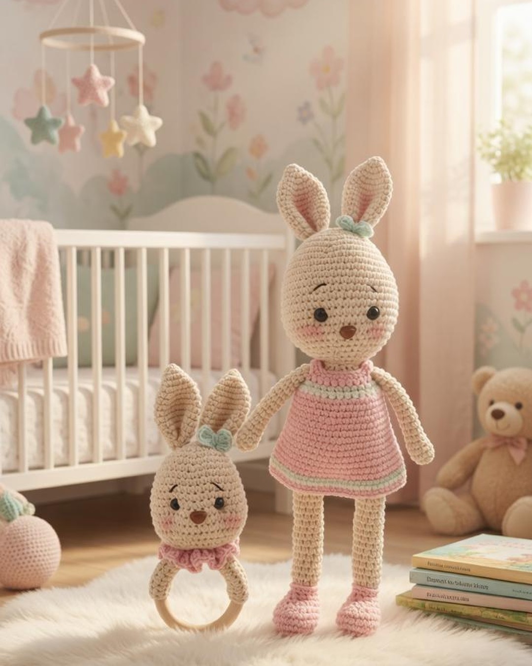 Handmade crochet Rosie rabbit doll and matching teether