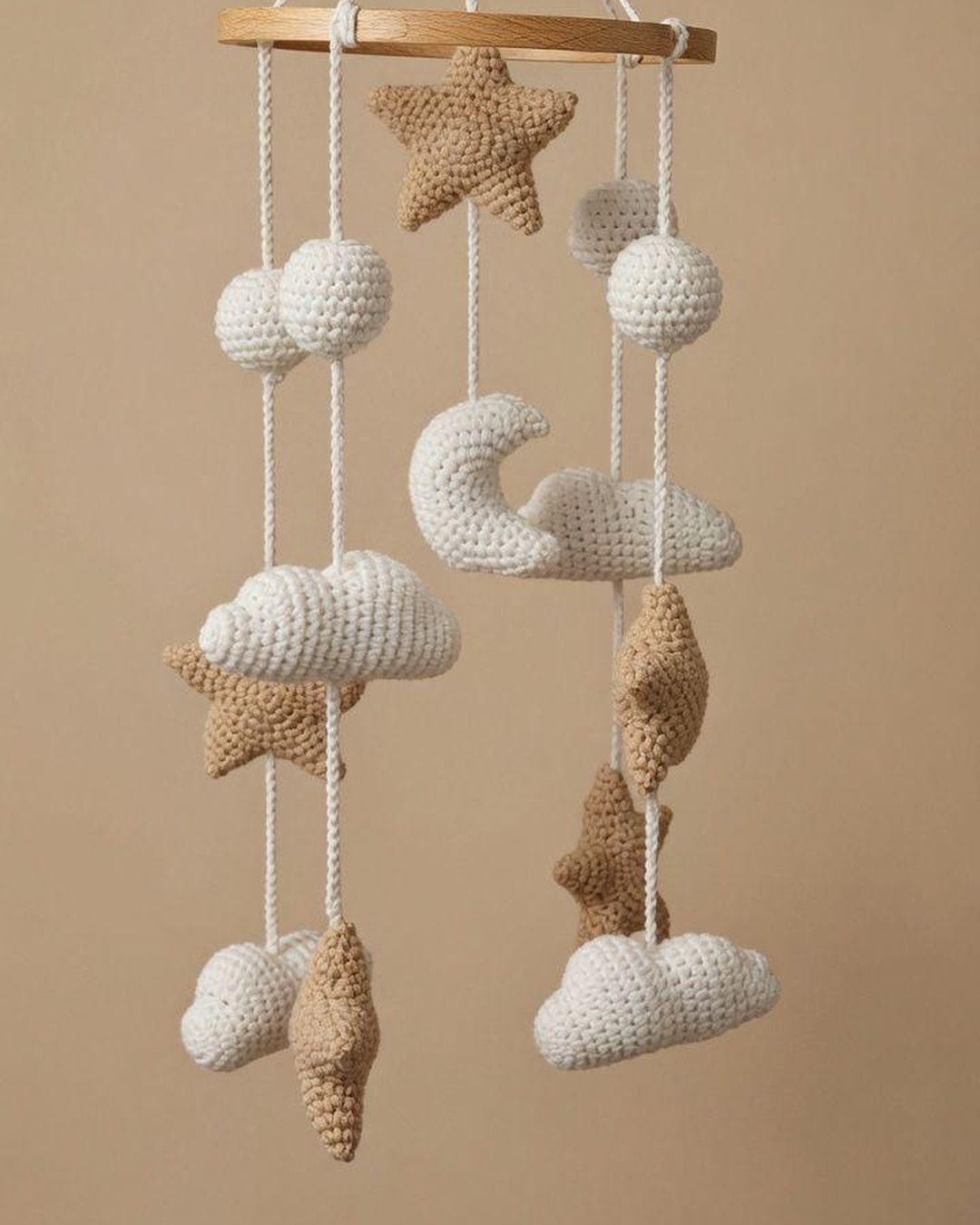Handmade crochet star, moon and cloud nursery mobile on wooden hoop