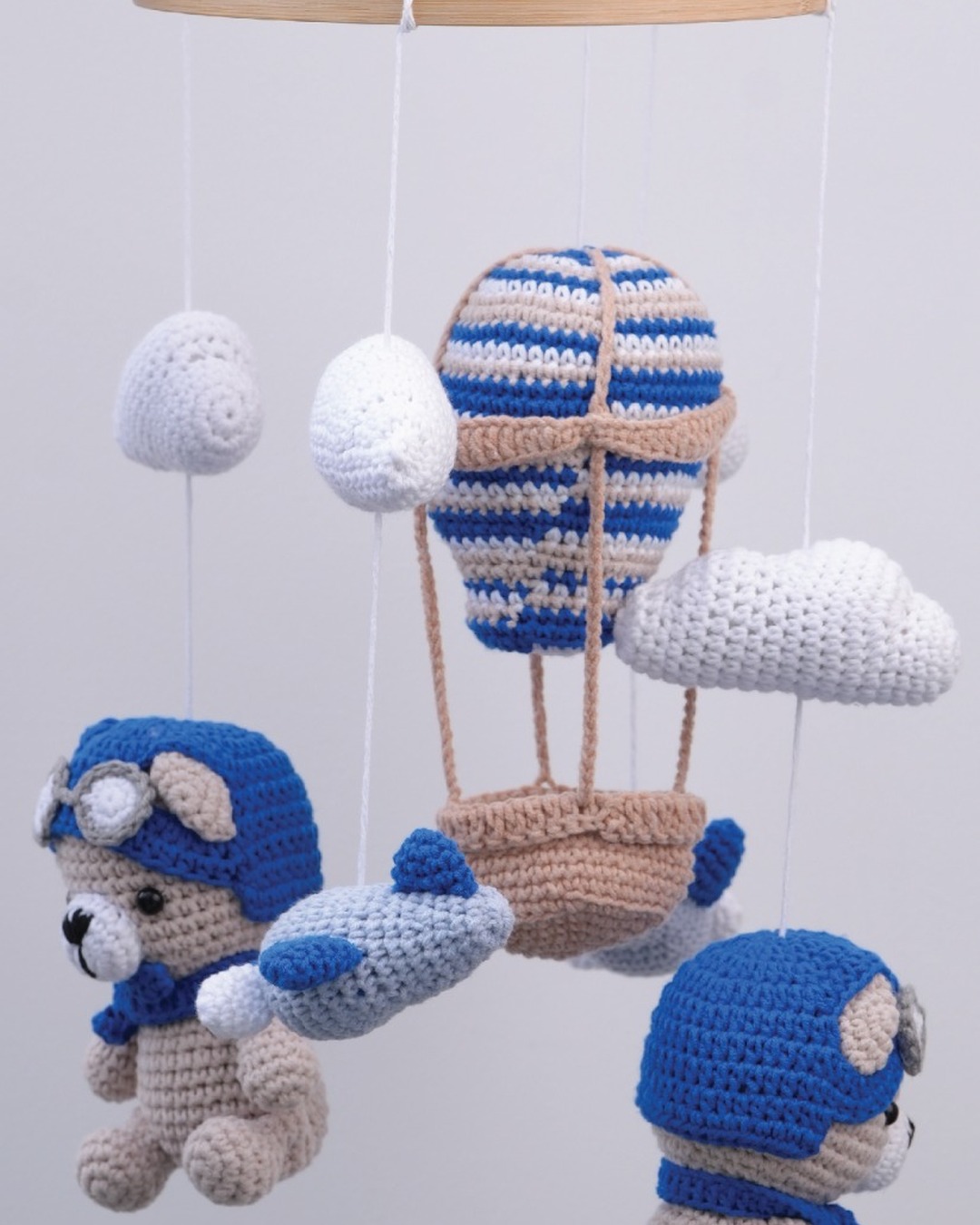 Up & Away mobile — closer view of balloon and pilot bears