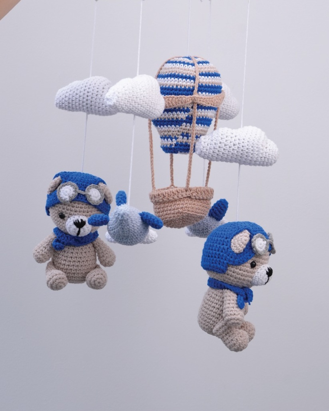 Up & Away balloon crib mobile with pilot bears, planes and clouds — full view