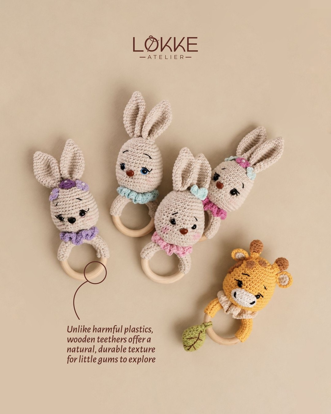 Crochet rabbit teether on a smooth wooden ring